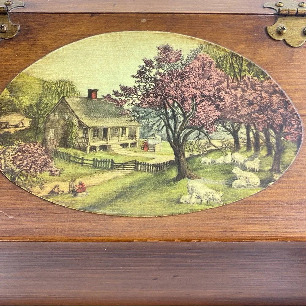 Vintage solid wood brass hinge counter storage keepsake box Currier & Ives inla